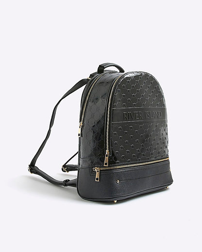 Black Patent Embossed Monogram Print Backpack