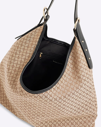Brown Monogram Print Slouch Shoulder Bag