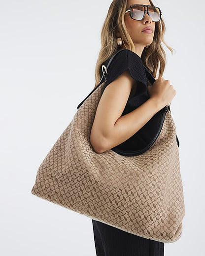 Brown Monogram Print Slouch Shoulder Bag