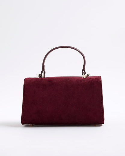 Red Faux Suede Front Lock Tote Bag