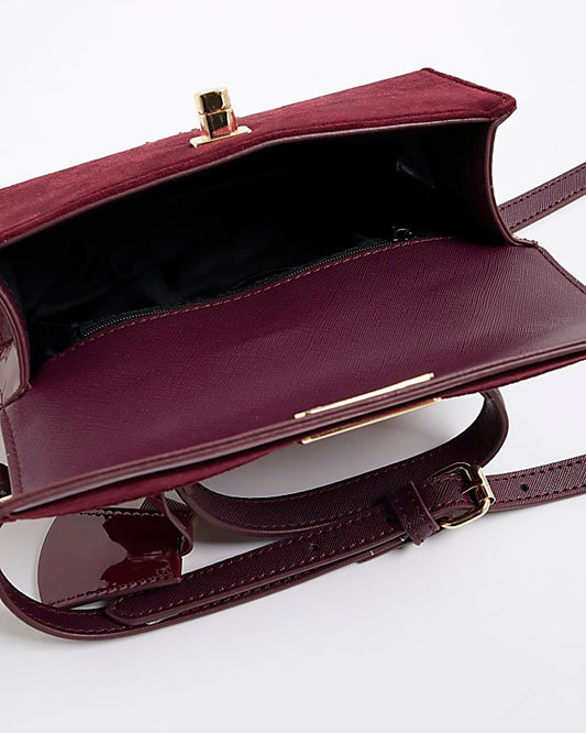 Red Faux Suede Front Lock Tote Bag