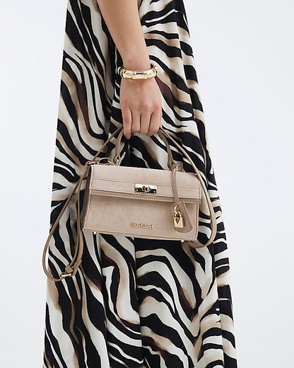Beige Faux Suede Lock Front Tote Bag