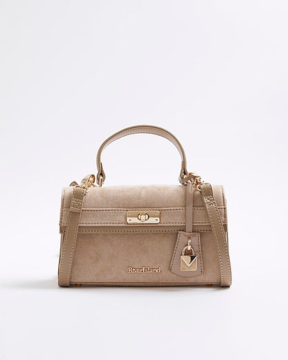 Beige Faux Suede Lock Front Tote Bag