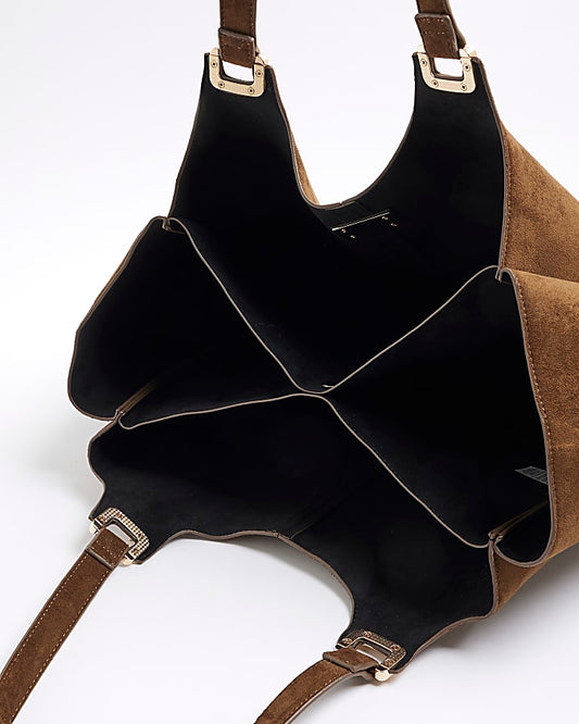 Brown Faux Suede Winged Shopper Bag