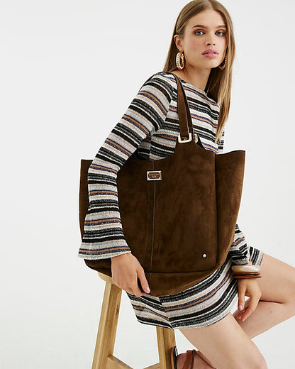 Brown Faux Suede Winged Shopper Bag
