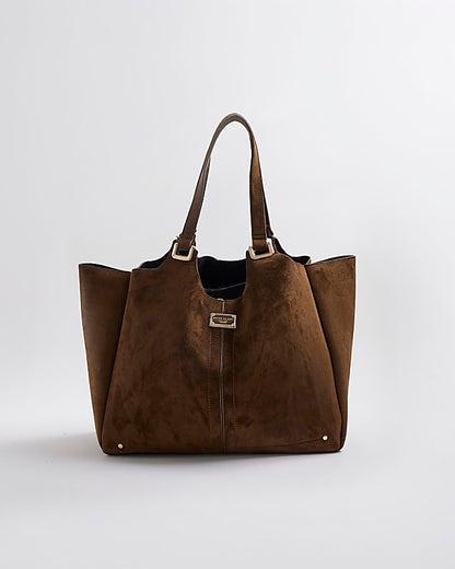 Brown Faux Suede Winged Shopper Bag