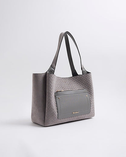 Grey Pocket Front Embossed Shopper Bag