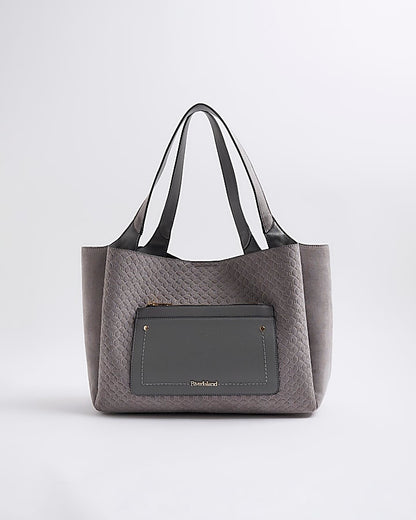 Grey Pocket Front Embossed Shopper Bag