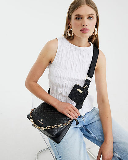 Black Embossed Monogram Chain Cross Body Bag