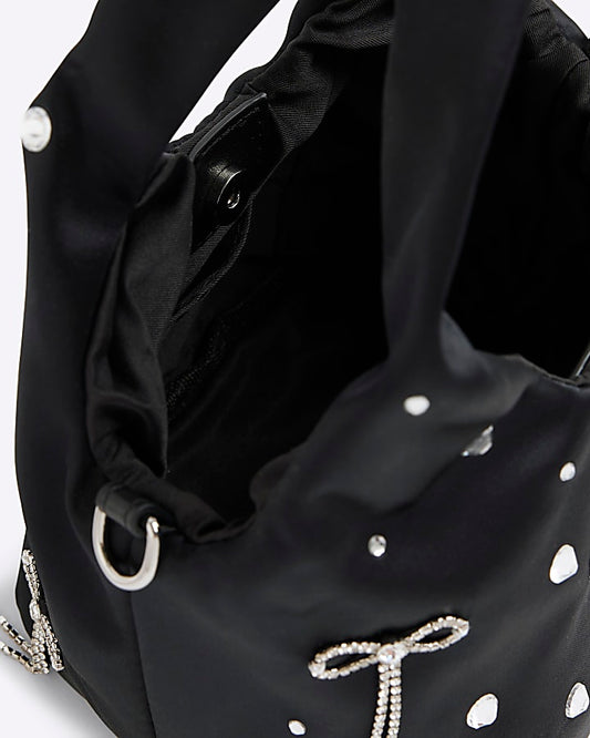 Black Satin Diamante Bow Grab Bag