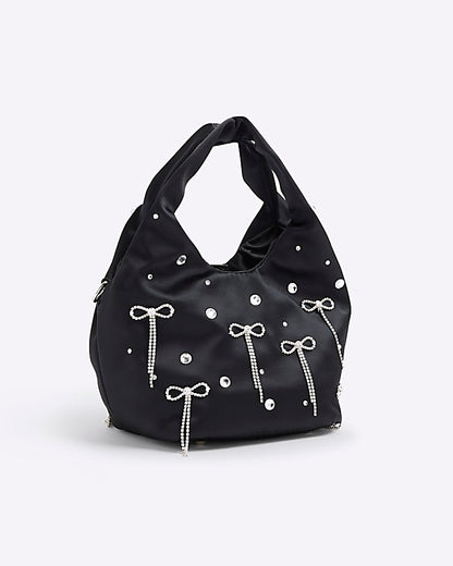 Black Satin Diamante Bow Grab Bag