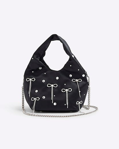Black Satin Diamante Bow Grab Bag