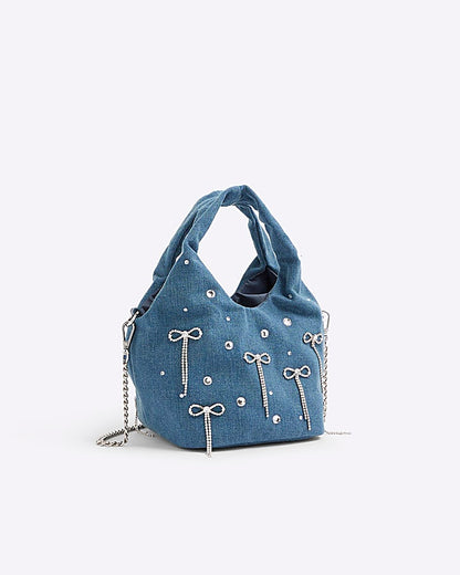 Blue Denim Diamante Bow Grab Bag