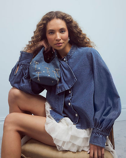 Blue Denim Diamante Bow Grab Bag