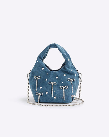Blue Denim Diamante Bow Grab Bag