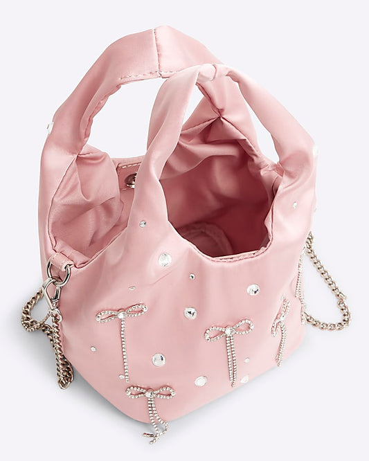Pink Satin Diamante Bow Grab Bag