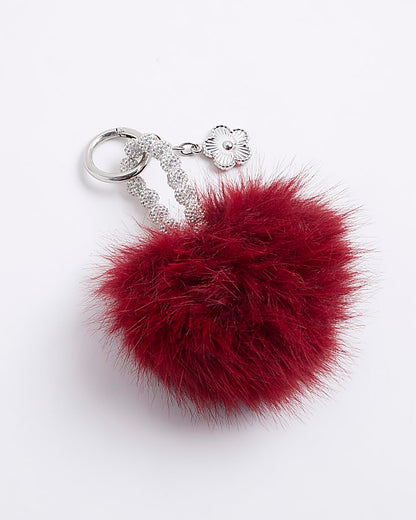 Red Faux Fur Pompom Diamante Bag Charm