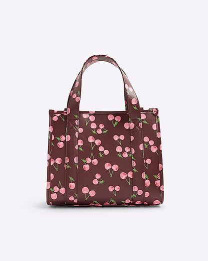 Red Cherry Print Embroidered Tote Bag