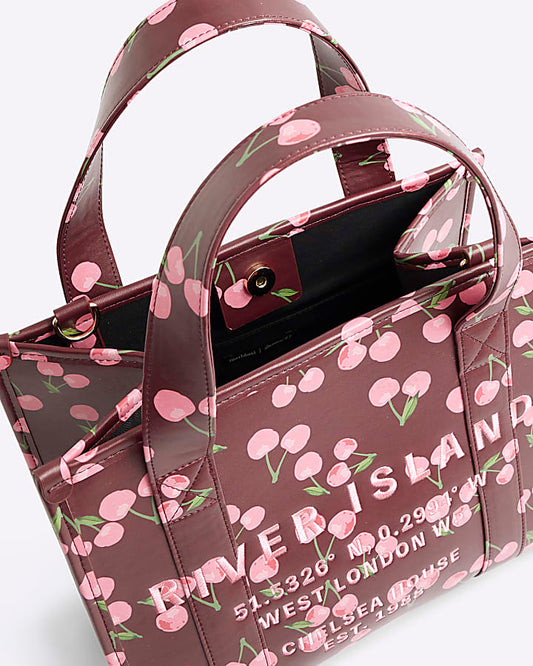 Red Cherry Print Embroidered Tote Bag