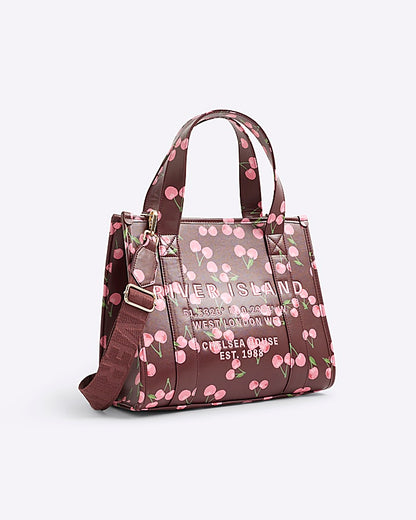 Red Cherry Print Embroidered Tote Bag