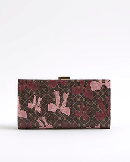 Brown Bow Monogram Print Clip Top Purse