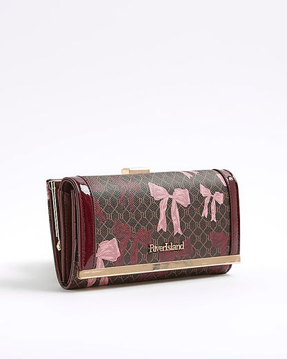 Brown Bow Monogram Print Clip Top Purse