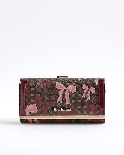 Brown Bow Monogram Print Clip Top Purse